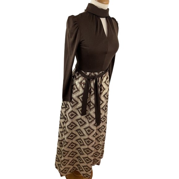 Vintage 70s Cindy Juniors Leboff Mod Maxi Dress Peekaboo Bodice Metallic Skirt - Picture 3 of 11